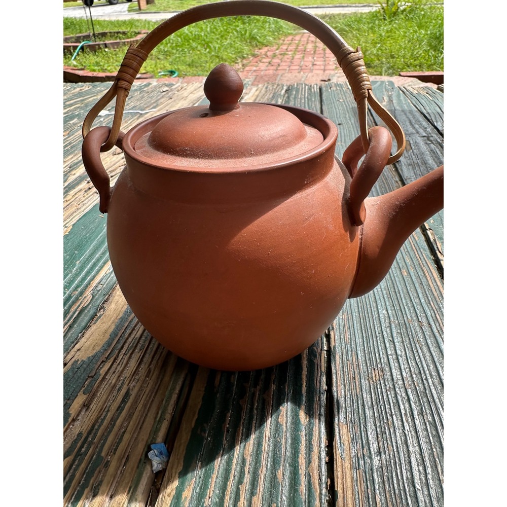 Terracotta Clay Teapot with Infuser and Bent Wood Handle Made in China Brown